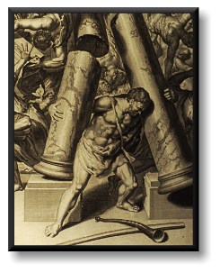 Samson Illustration from 1728 La Haye Bible. Image courtesy Bizzell Bible Collection, University of Oklahoma Libraries. Samson Illustration from 1728 La Haye Bible. Image courtesy Bizzell Bible Collection, University of Oklahoma Libraries.